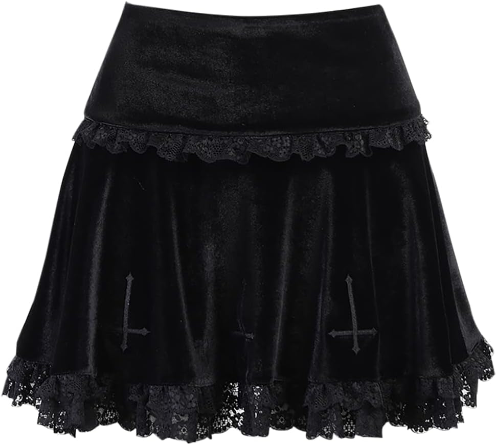 Punk Cross Print Dark Mini Skirts Chain Belt Black Uniform Pleated Skirt Women