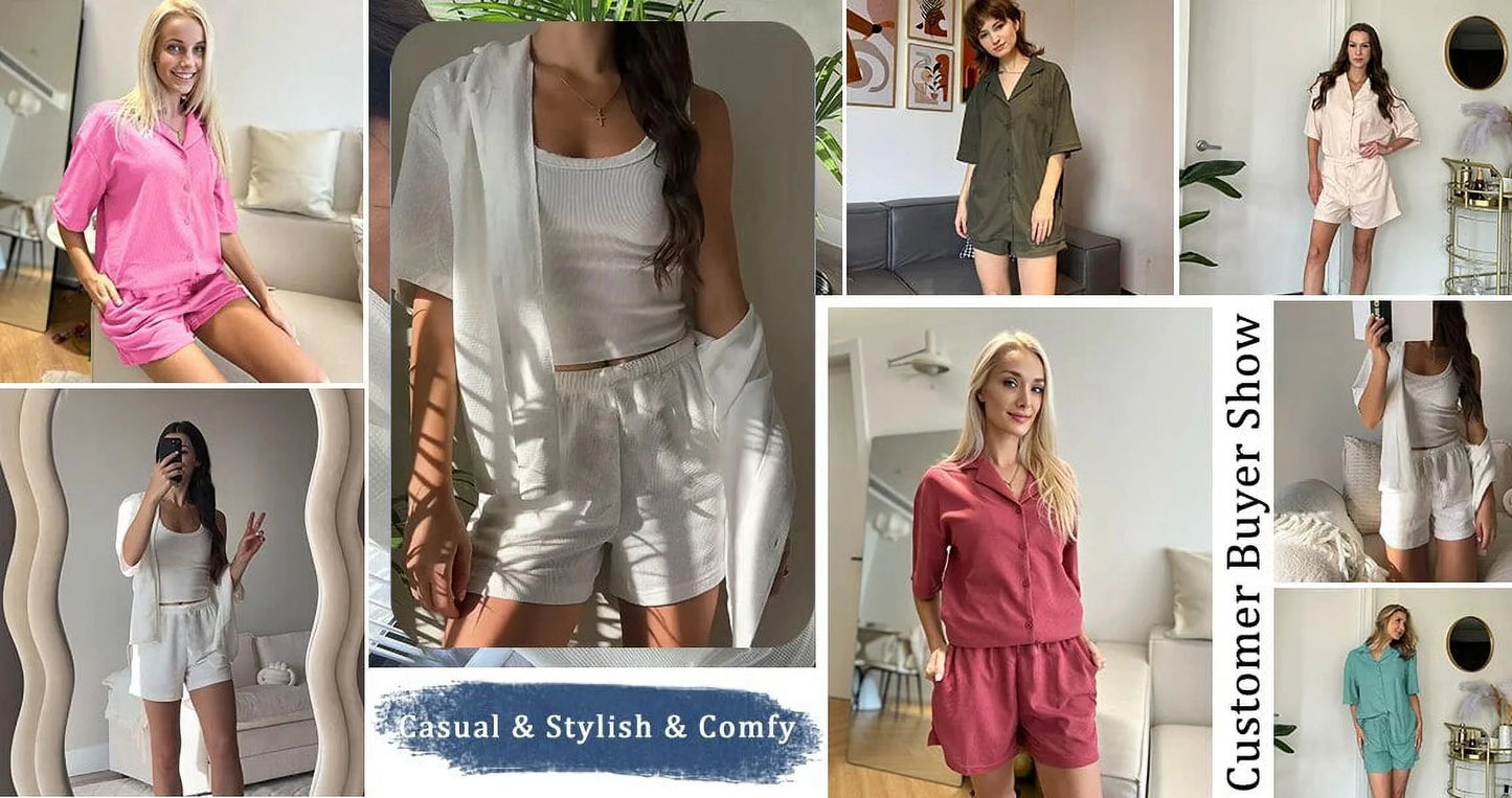 2 Piece Lounge Sets for Women Button down Shirts and Shorts Casual Set Short Sleeve Summer Loungewear Outfits