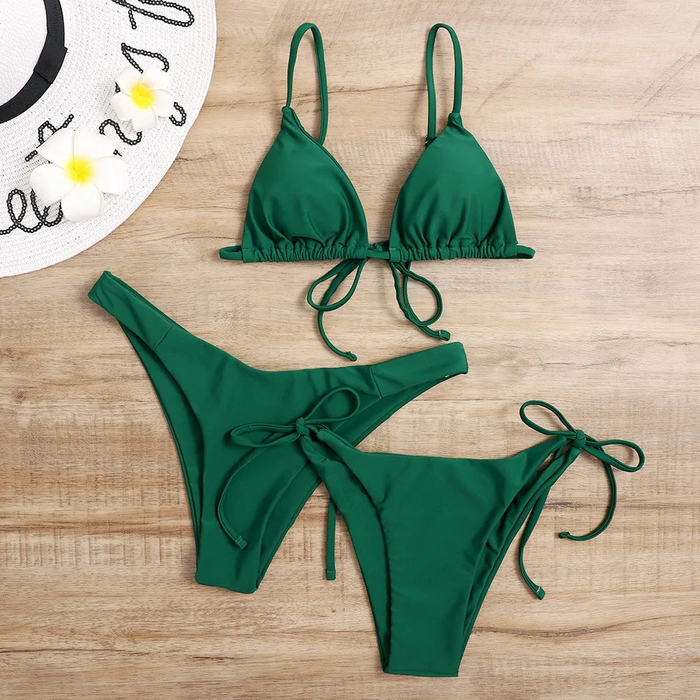 Summer 3 Piece Bikini Set Women Solid Green Purple Push up Bra Thong Swimsuit Brazilian Beach Bathing Suit Swumwear Biquini